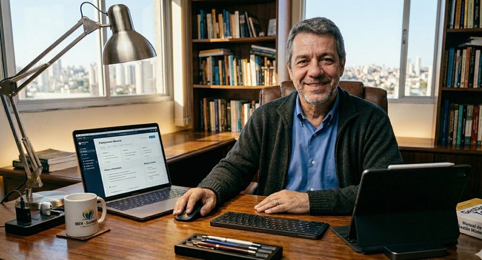 Pastor tranquilo e sorridente no escritório, com o Church AI aberto no notebook