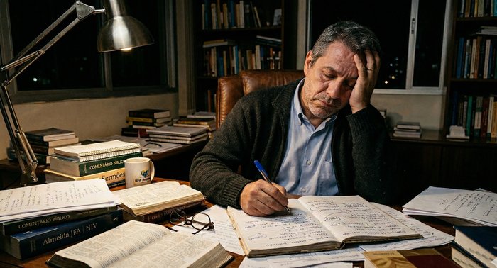 Pastor exausto escrevendo o sermão de madrugada, cercado de livros e anotações