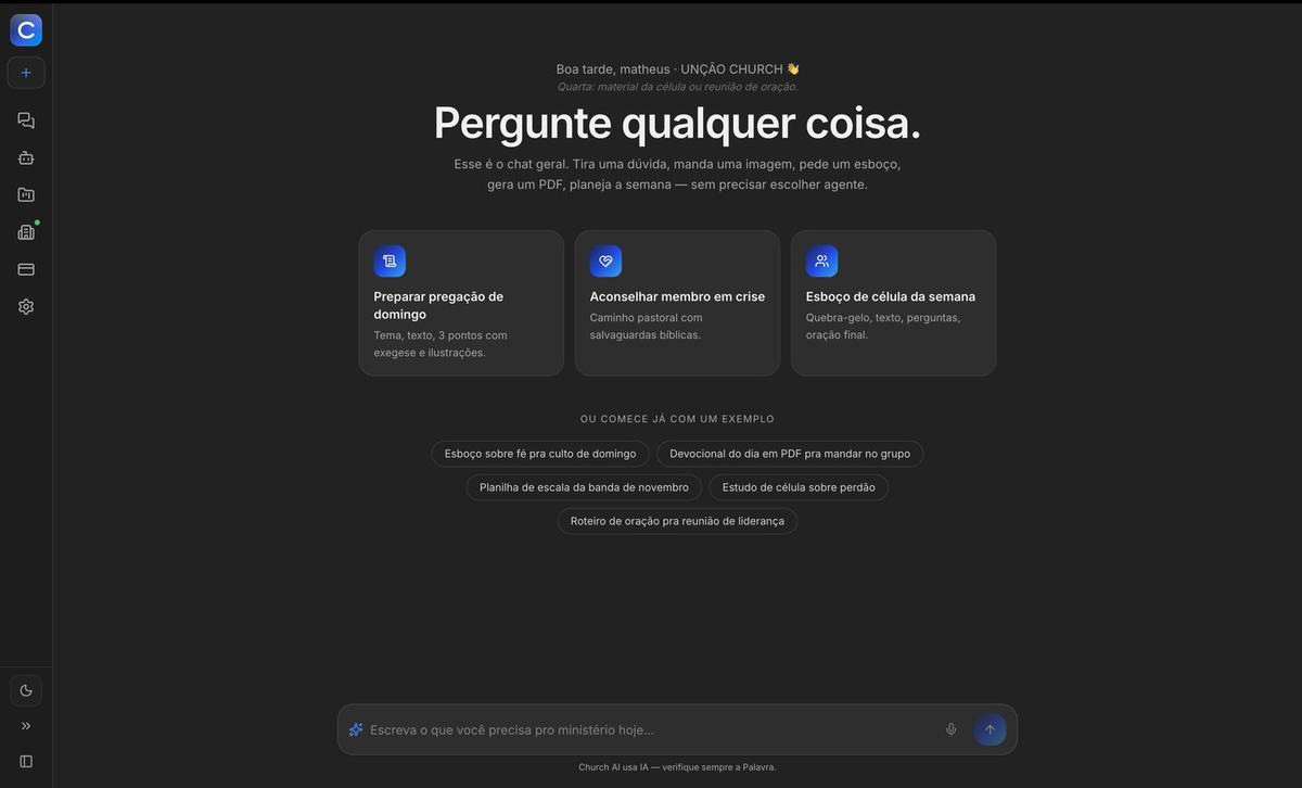 Chat geral do Church AI no modo escuro